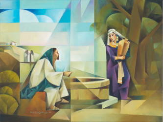 Modern painting of Jesus talking with the woman at the well.