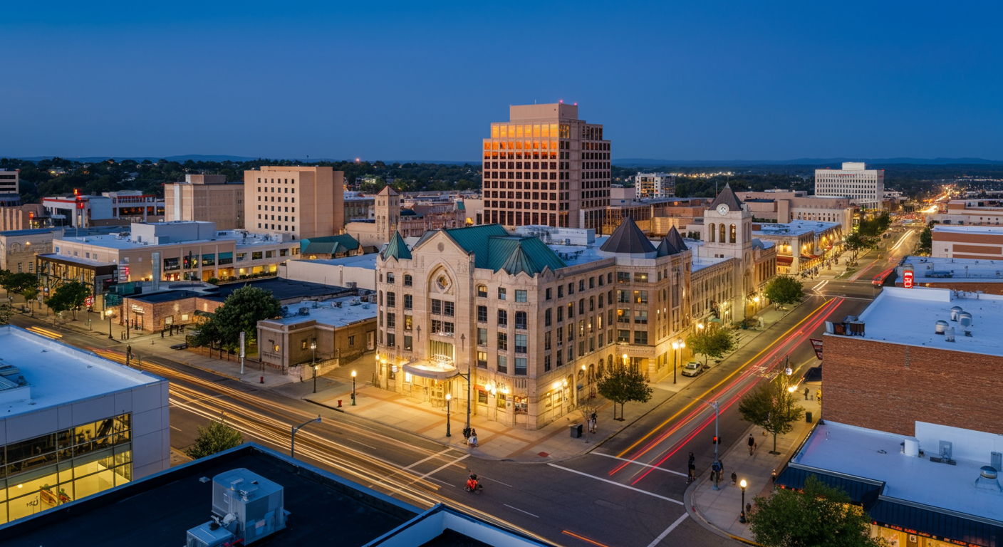 A photographic style image of An aerial view of Lafayette's downtown district at dusk, showing the harmonious mix of historic buildings and modern developments along Main Street. high focus, sharp, lots of bright light, extra bright, highly detailed, high quality, dslr, film grain, fujifilm XT3, RAW photo, RAW candid cinema, color graded porta 400, depth of field, hyper realistic, natural-looking, expressive, textured skin, texture, 8k, photorealistic