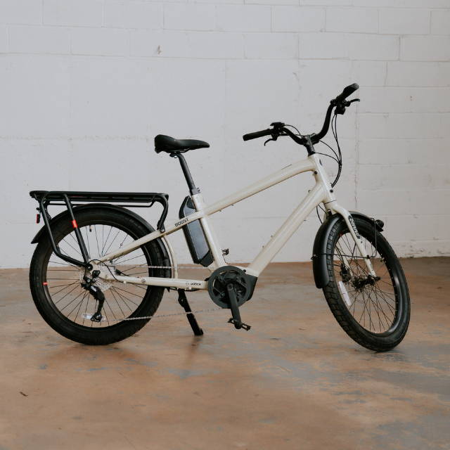 a white Benno Boost electric cargo bike