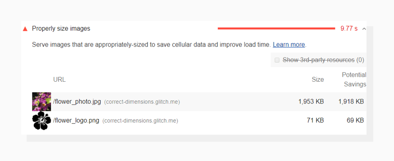 Lighthouse identifies images that are larger than the container and evaluates potential savings. “Properly size images” recommendation from Google LightHouse