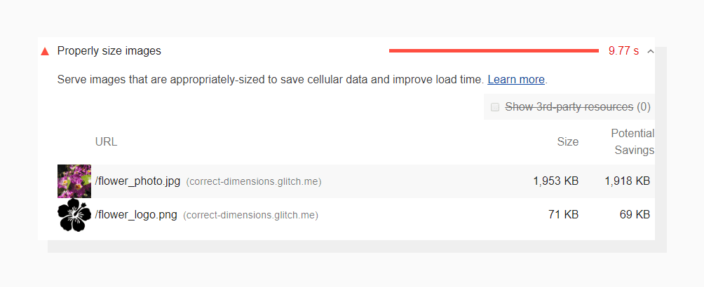 Lighthouse identifies images that are larger than the container and evaluates potential savings. “Properly size images” recommendation from Google LightHouse