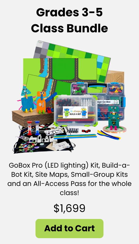 The 3DuxDesign Grades 3–5 Classroom STEM Bundle includes the GoBox Pro LED lighting kit, Build-a-Bot Kit, site maps, small-group kits, and an All-Access Pass. Ideal for hands on STEM, engineering design, circuits, creative building, and project based learning in 3–5 classrooms and makerspaces.