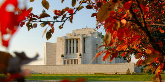 Cardston Temple framed by red and orange leaves.