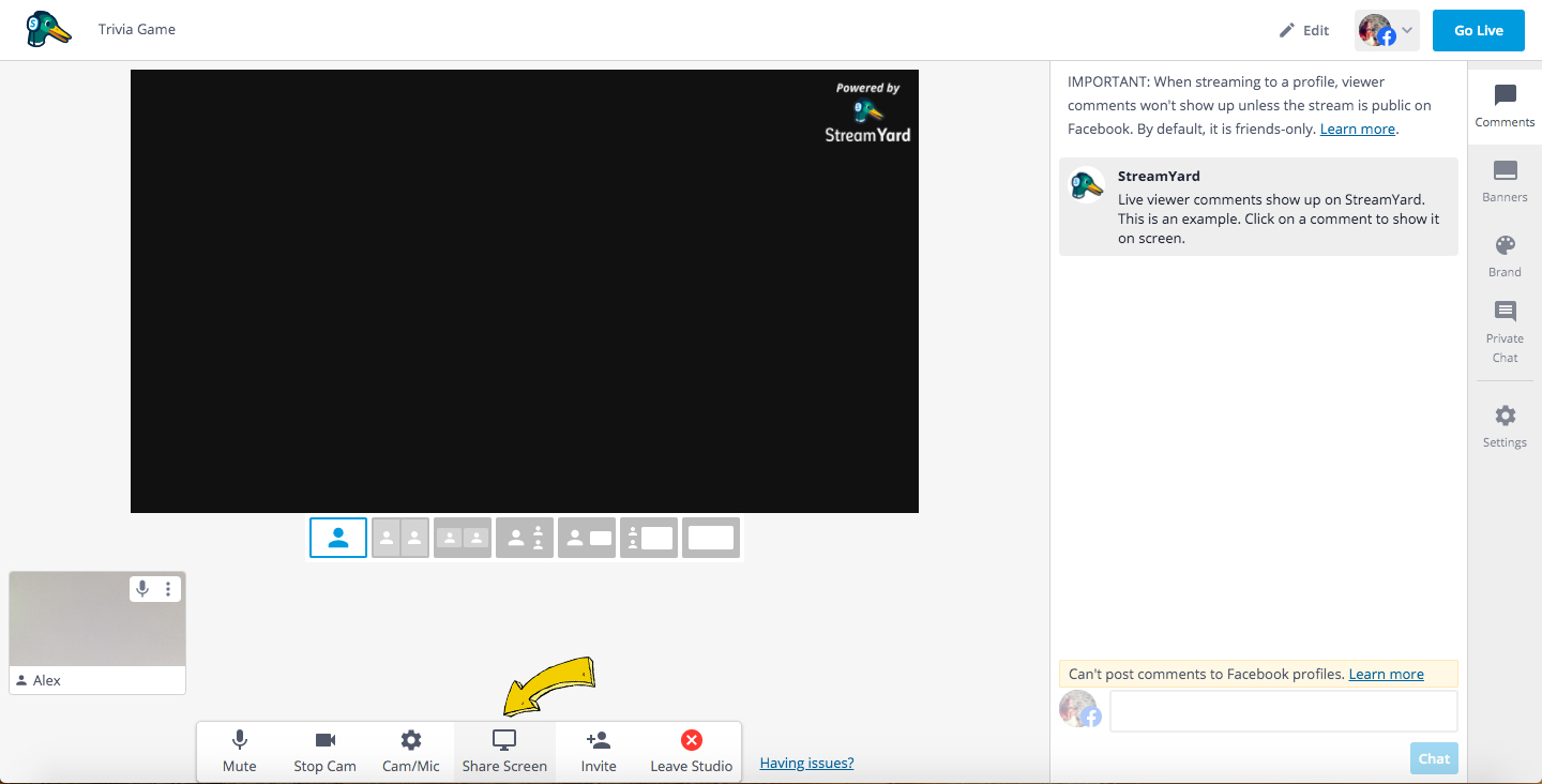 Trivia StreamYard share screen