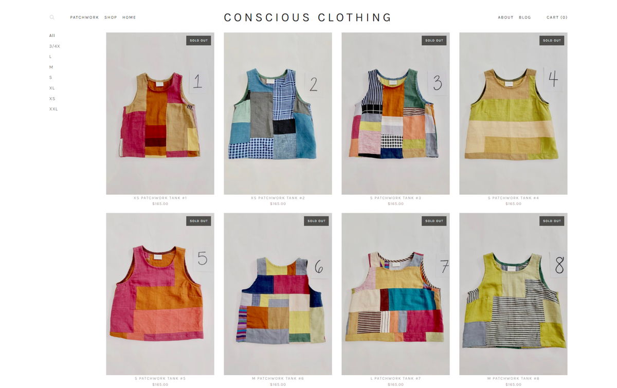 Screenshot of Conscious Clothing, from the squarespace ecommerce examples collection.