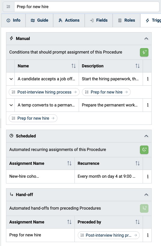 Triggers tab of a Procedure with Manual, Scheduled, and Hand-off Triggers