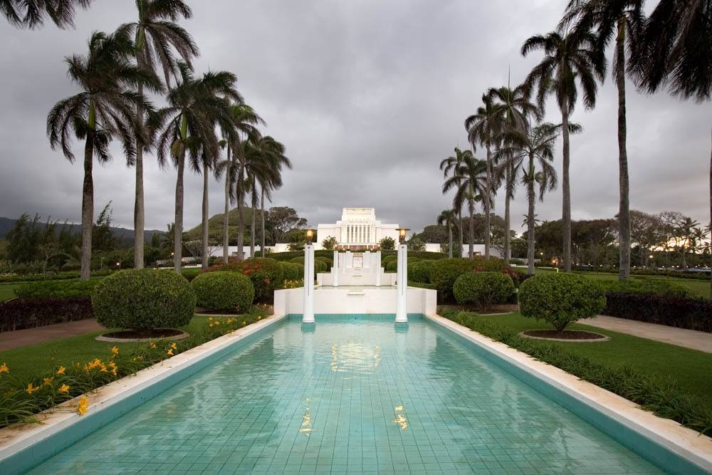 LDS art Laie Hawaii Temple taken on a cloudy day. 