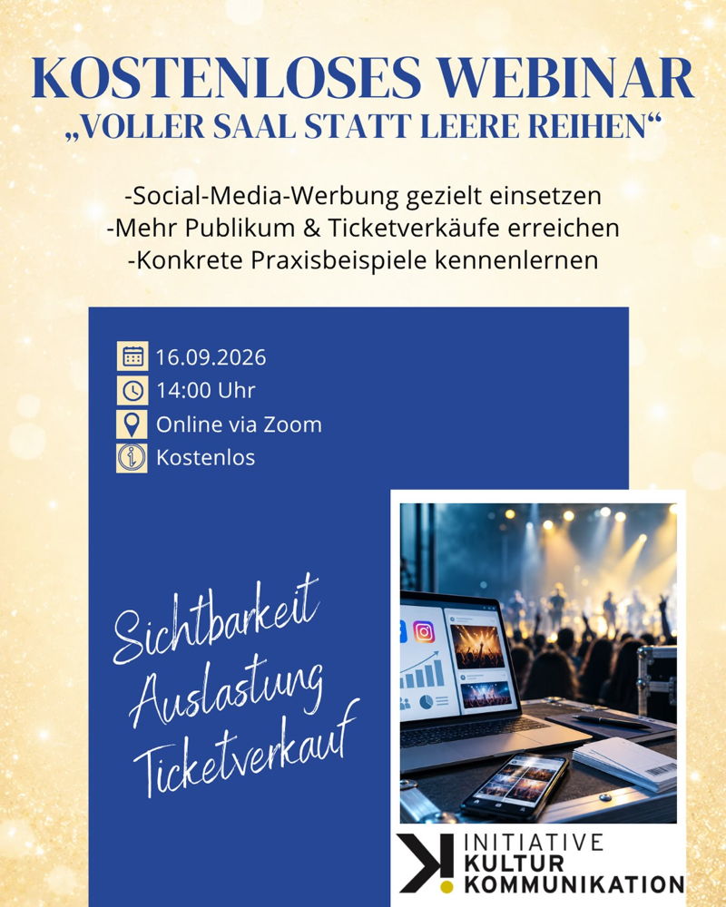 🎟️ Voller Saal statt leere Reihen – kostenloses Live-Webinar

Wie erreicht ihr heute gezielt mehr Menschen für eure Veranstaltungen – und wie wird aus Social-Media-Reichweite tatsächlich mehr Auslastung und Ticketverkauf?

Das kostenlose Webinar der 