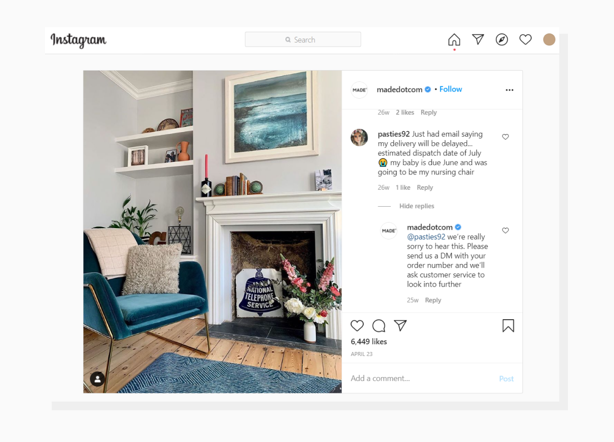 Instead of ignoring negative and disappointed comments, MADE responds and tries to solve issues, strengthening customer loyalty and satisfaction. Dealing with negative comments for brands in social media