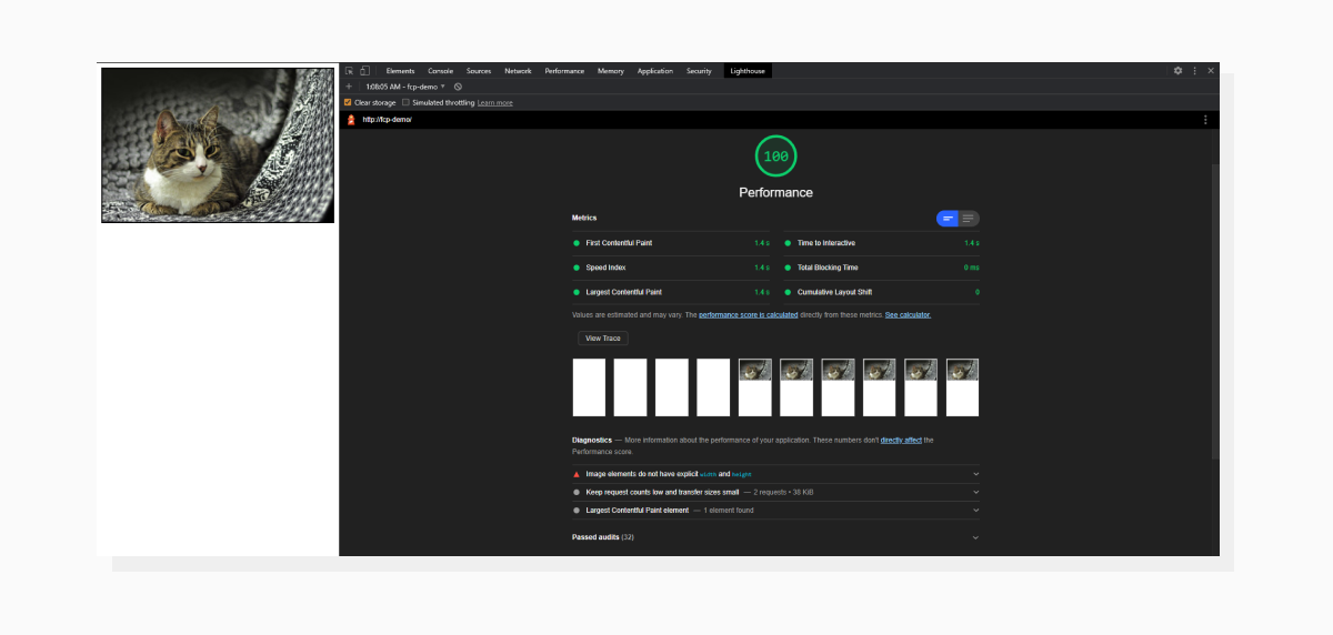 The page looks the same, but has stellar results. a Lighthouse audit with an optimized image