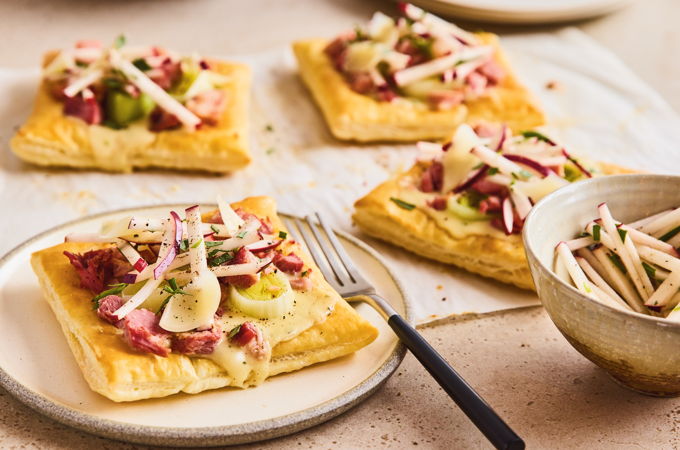 Leek and Ham Puff Pastry Tarts with Apple-Tarragon Salad
