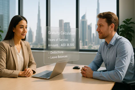 Two colleagues reviewing a holographic gratuity calculation interface showing AED 36,500 on a desk with a laptop, with a cityscape view.