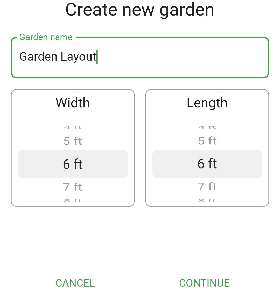 Screenshot of the Create new garden window in Planter