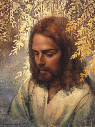 Portrait of Jesus. His head is surrounded by golden leaves.