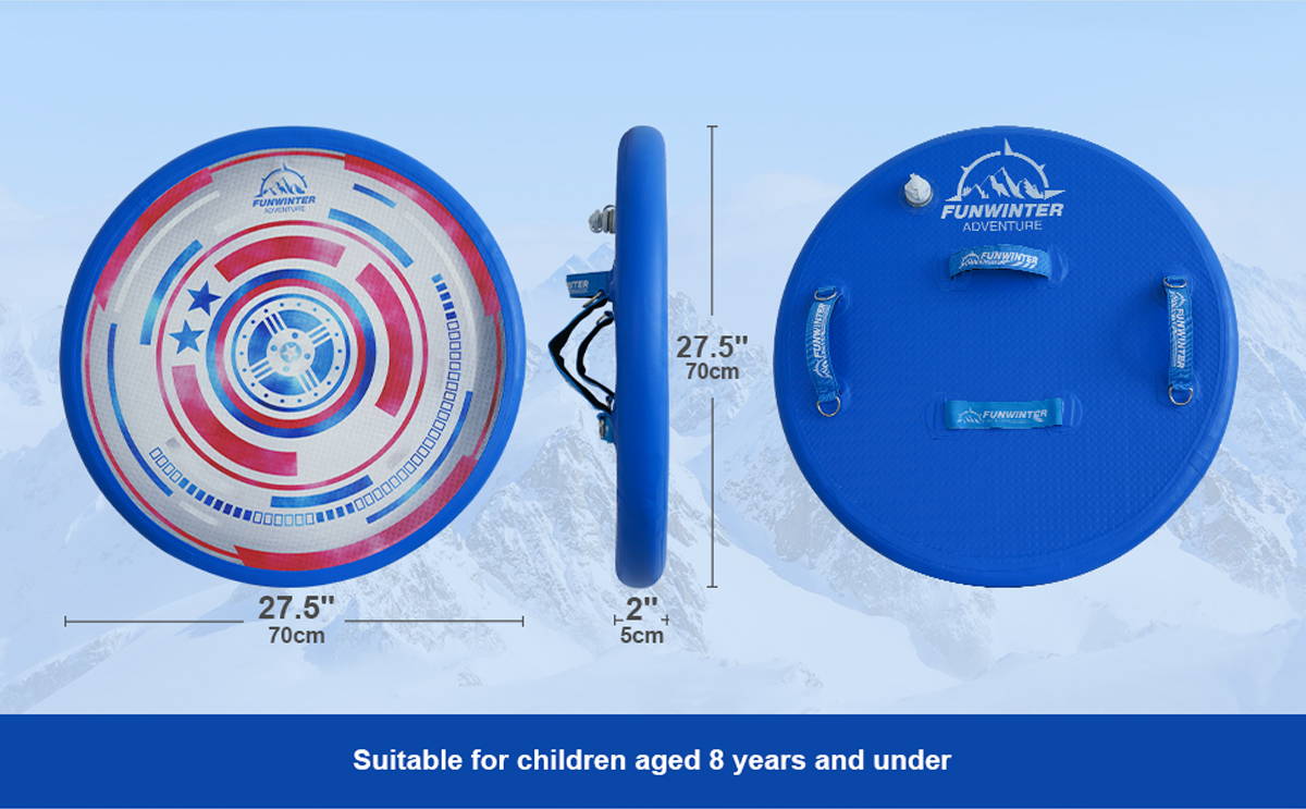 The specific dimensions of Funwater inflatable sledding shield are 70cm in diameter and 5cm thick