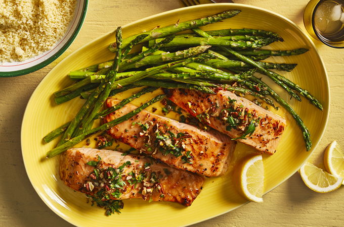 Sheet-Pan Maple-Glazed Salmon with Pecan Gremolata