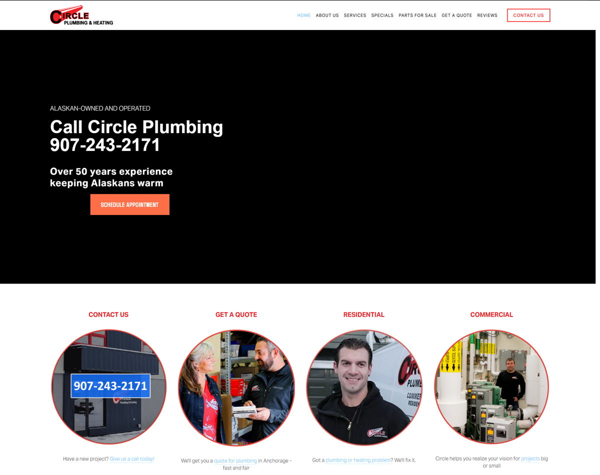 Screenshot of Circle Plumbing and Heating, from the website hero section designs collection.