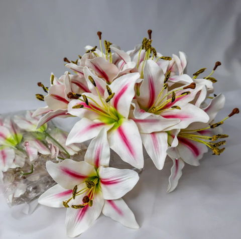 White/Pink Stripe Asiatic Lily Flowerhead - Realistic Artificial Flowers - Image 2