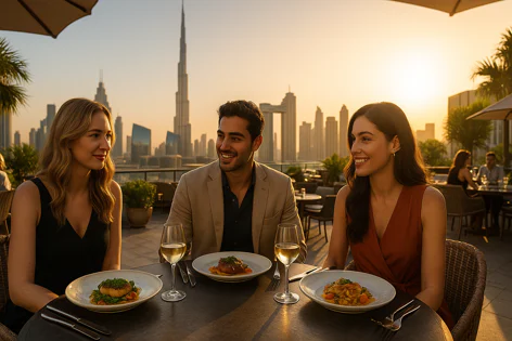 Three people dining at a rooftop restaurant with panoramic views of the Dubai skyline, including the Burj Khalifa, during sunset.
