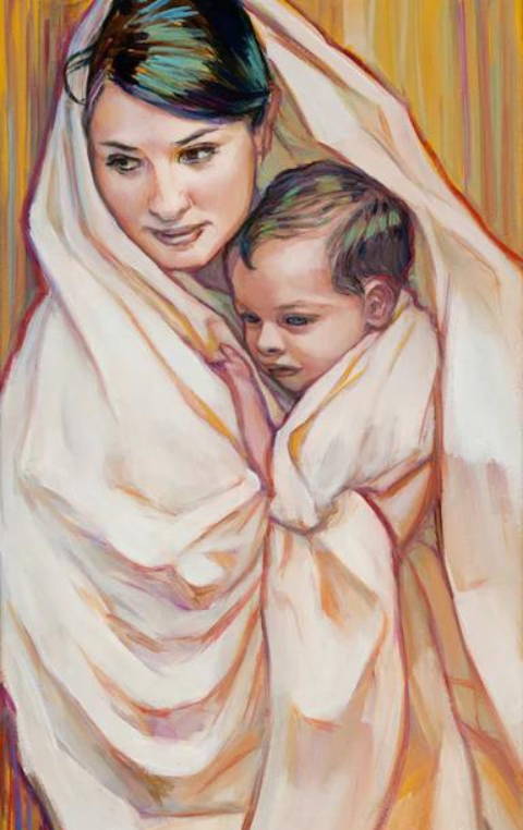 Mary holding baby Jesus.