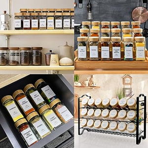 AISIPRIN 24 Pcs Glass Spice Jars with Bamboo Airtight Lids and 398 Labels, 4oz Empty Square Containers Seasoning Storage Bottles - Shaker Lids, Funnel, Brush and Marker Included