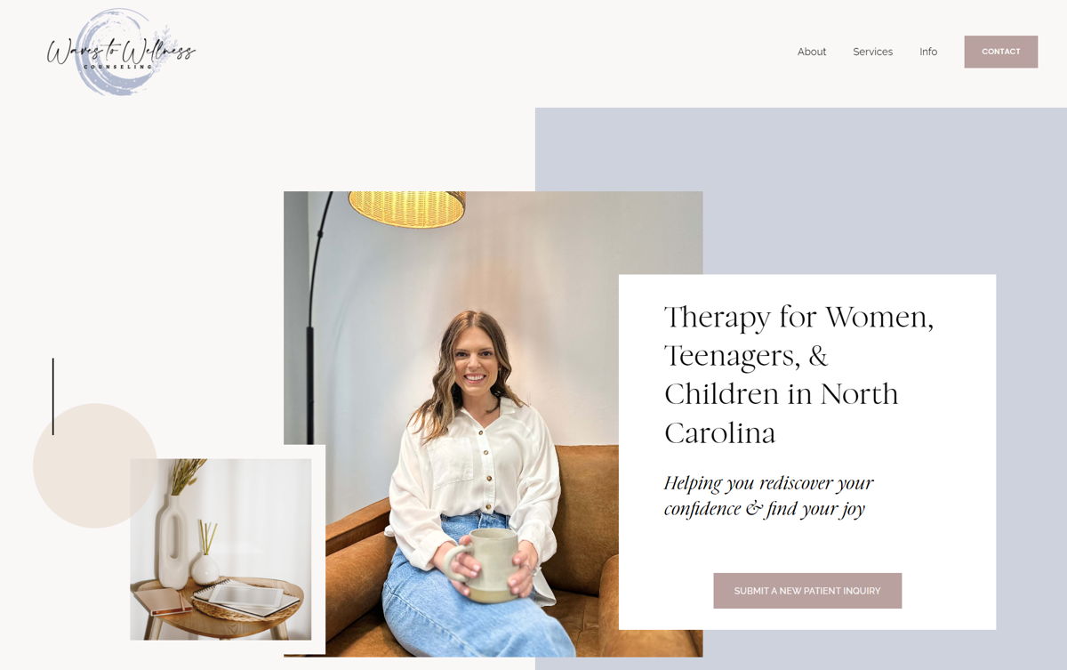 Screenshot of Waves to Wellness Counseling, from the squarespace therapist websites collection.