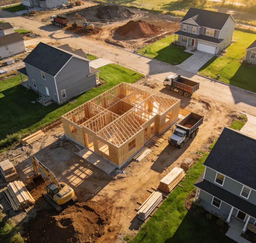 Aerial photograph of new residential construction in an exurban development, showing partially built homes with exposed framing alongside completed houses. Unpaved roads and construction equipment visible. Raw earth and lumber contrast with finished green sod lawns. Late afternoon directional sunlight, documentary style, drone perspective capturing the sprawling scale.