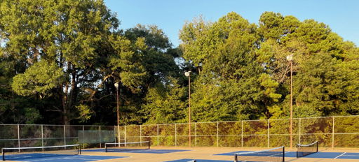 Tennis courts with blue surfaces and black nets, surrounded by green trees, evoking tranquility and a welcoming atmosphere.