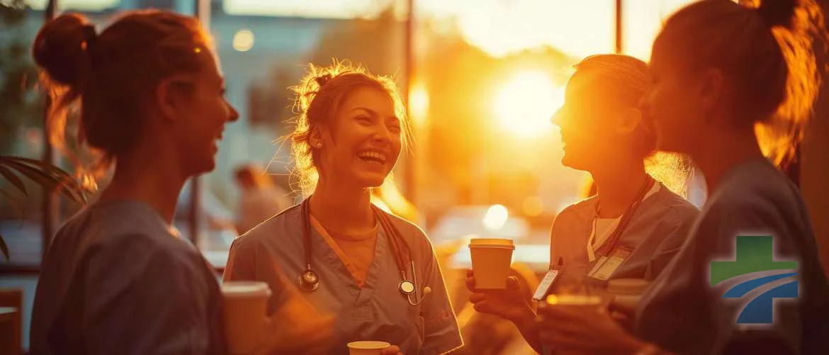 Nurses sharing a laugh over coffee, symbolizing camaraderie and support.