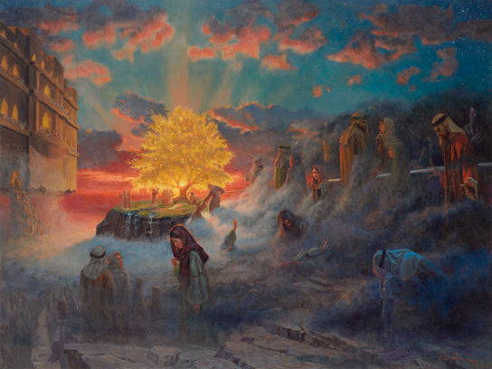 Painting of Lehi's dream with a glowing tree of life in the center.
