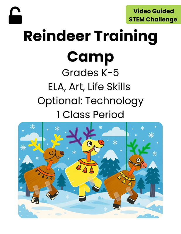 Image of three colorful reindeer characters built from 3DuxDesign cardboard pieces in a winter scene, demonstrating a creative holiday-themed STEM activity that integrates art, storytelling, and life skills. Ideal for K–5 classrooms seeking fun project-based learning experiences with optional technology components.
