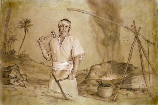 Painting of Lehi praying in the desert. His camel stands behind him. 