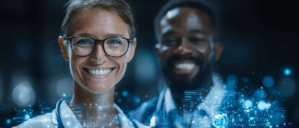 Diverse healthcare team engaged in futuristic data-driven strategy session.
