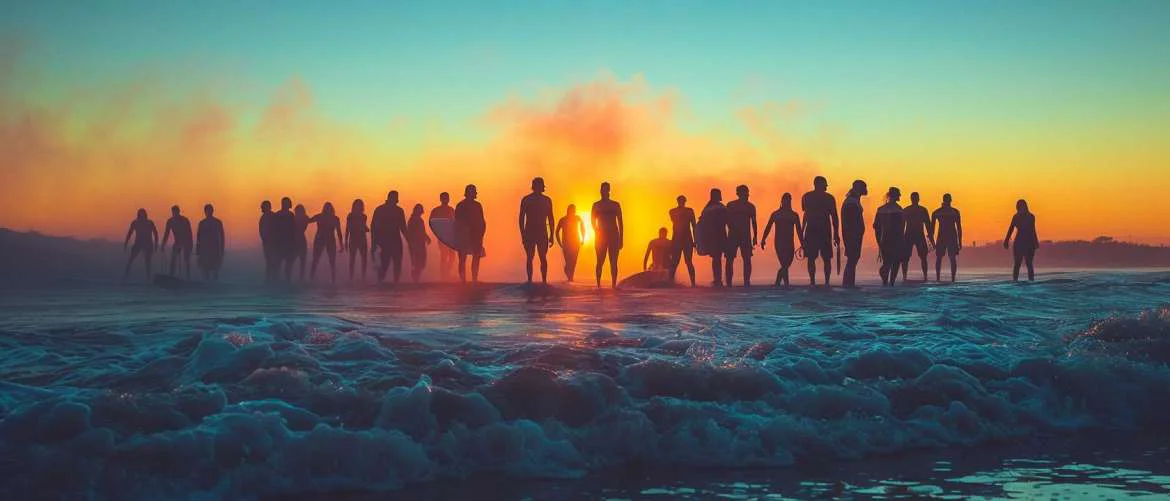 Early morning surf therapy session, with physical therapists guiding participants