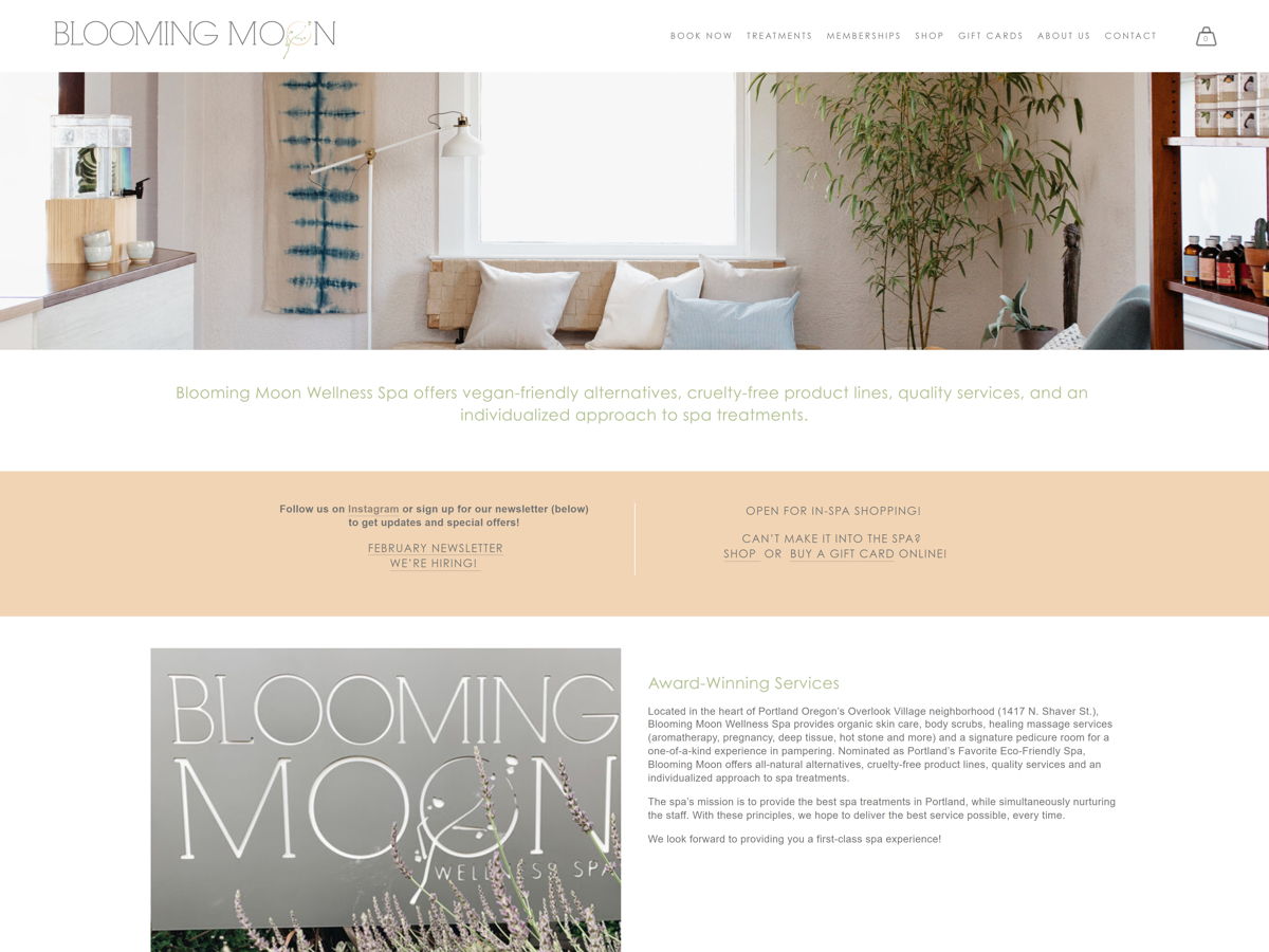 Screenshot of Blooming Moon Spa, from the salon websites collection.
