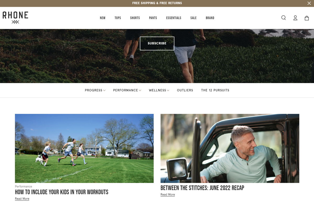 Screenshot of The Pursuit by Rhone, from the shopify blog examples collection.