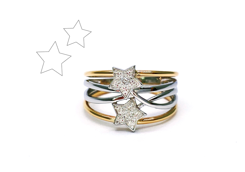 ring with several intertwined two-tone bodies with two star-shaped centres paved with diamonds.