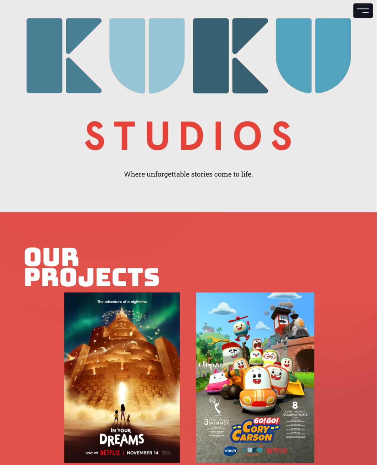 Screenshot of Kuku Studios, from the wix portfolio website examples collection.