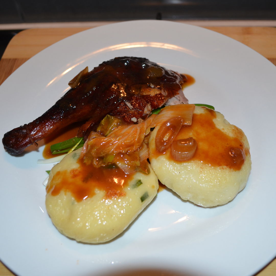 Date: 21 Feb 2020 (Fri)
75th Main: Peking Duck with Potato Dumplings (Knödel) and Spicy & Sour Red Cabbage [235] [148.5%] [Score: 7.5]
Cuisine: Fusion of Southeast Asian flavours with German Christmas element
Dish Type: Main
Peking Duck with Potato Dumplings (Knödel) and spicy and sour red cabbage is a fusion of Southeast Asian flavours with German Christmas element.