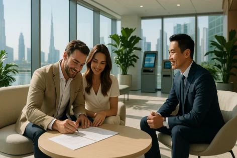 Smiling couple signs paperwork with a financial advisor in a bright modern office with large windows and a view of the Dubai skyline.