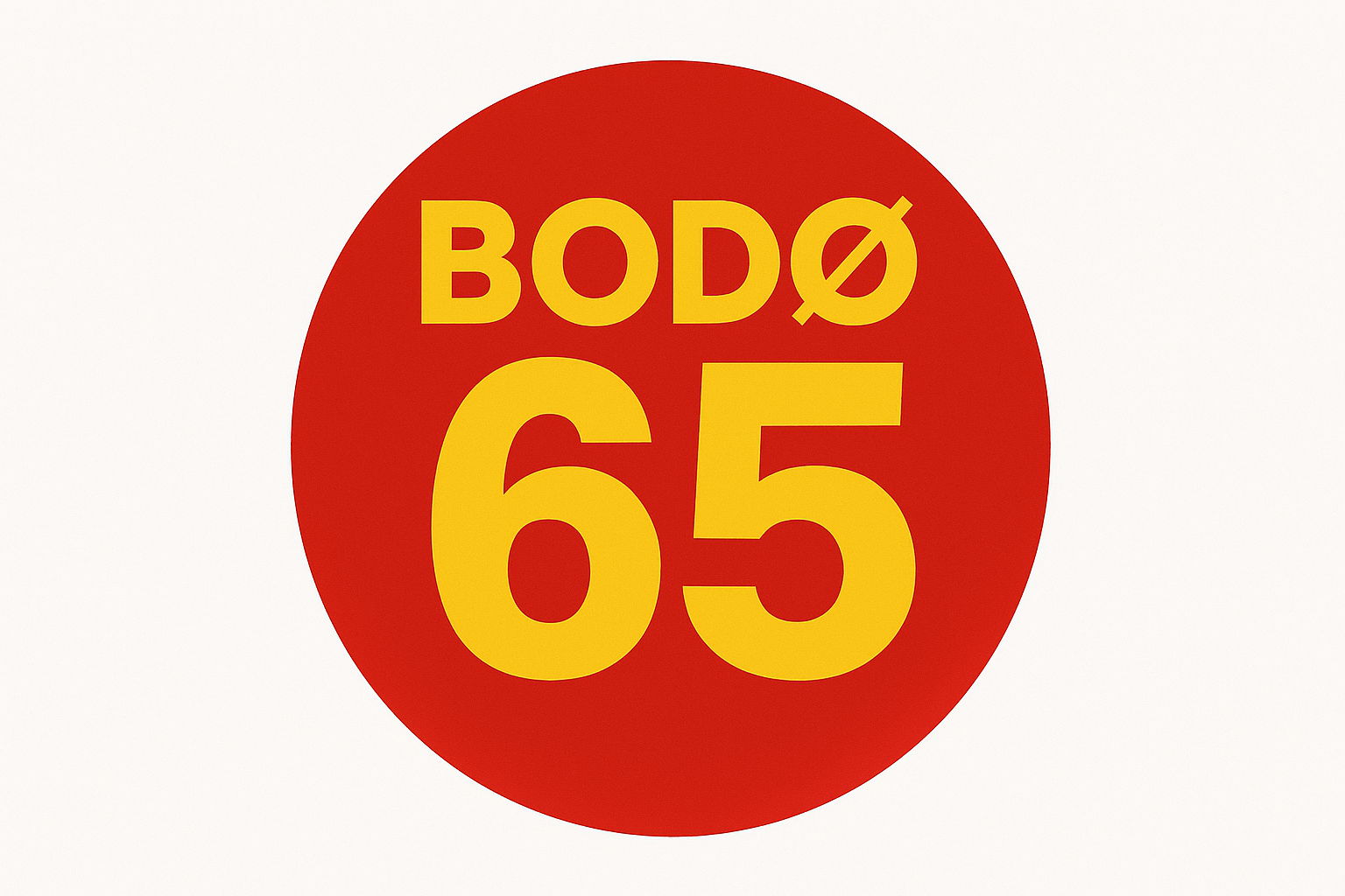 Logosymbol for Bodø 65. Rød sirkel med gul skrift hvor det står Bodø 65.