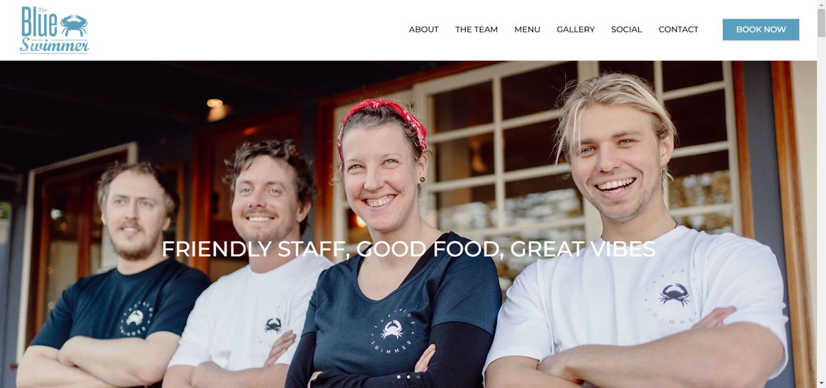 Screenshot of The Blue Swimmer Restaurant & Café, from the cafe & coffee shop websites collection.