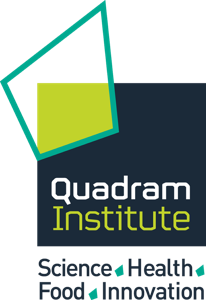Logo of the Quadram Institute featuring a green geometric shape above the words Quadram Institute in white and green text on a dark background.