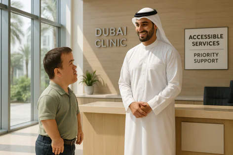 A man with dwarfism stands at a clinic reception and speaks with a staff member wearing a white thobe and ghutra. A sign indicates accessible services and priority support are available.