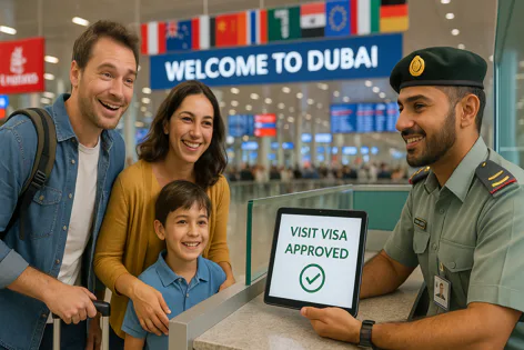 Happy family at Dubai airport receiving confirmation of their visit visa approval from an immigration officer displaying a tablet.