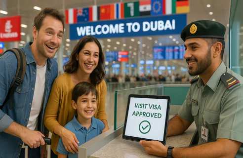 Happy family at Dubai airport receiving confirmation of their visit visa approval from an immigration officer displaying a tablet.