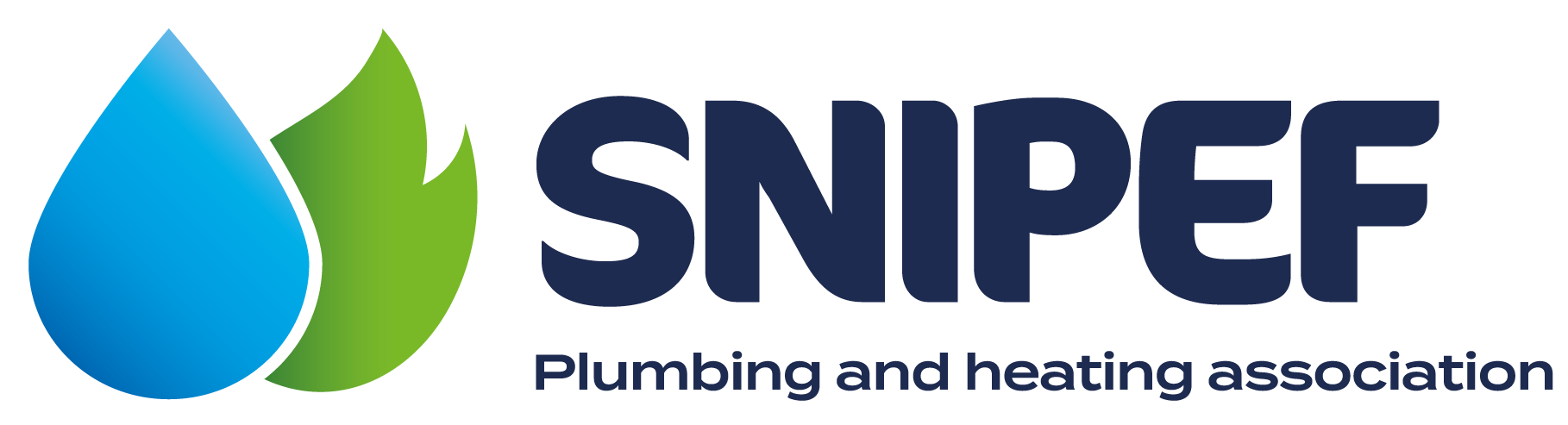 Logo of SNIPEF, featuring a blue water droplet and a green leaf symbol. The text reads SNIPEF Plumbing and heating association in bold navy blue font.