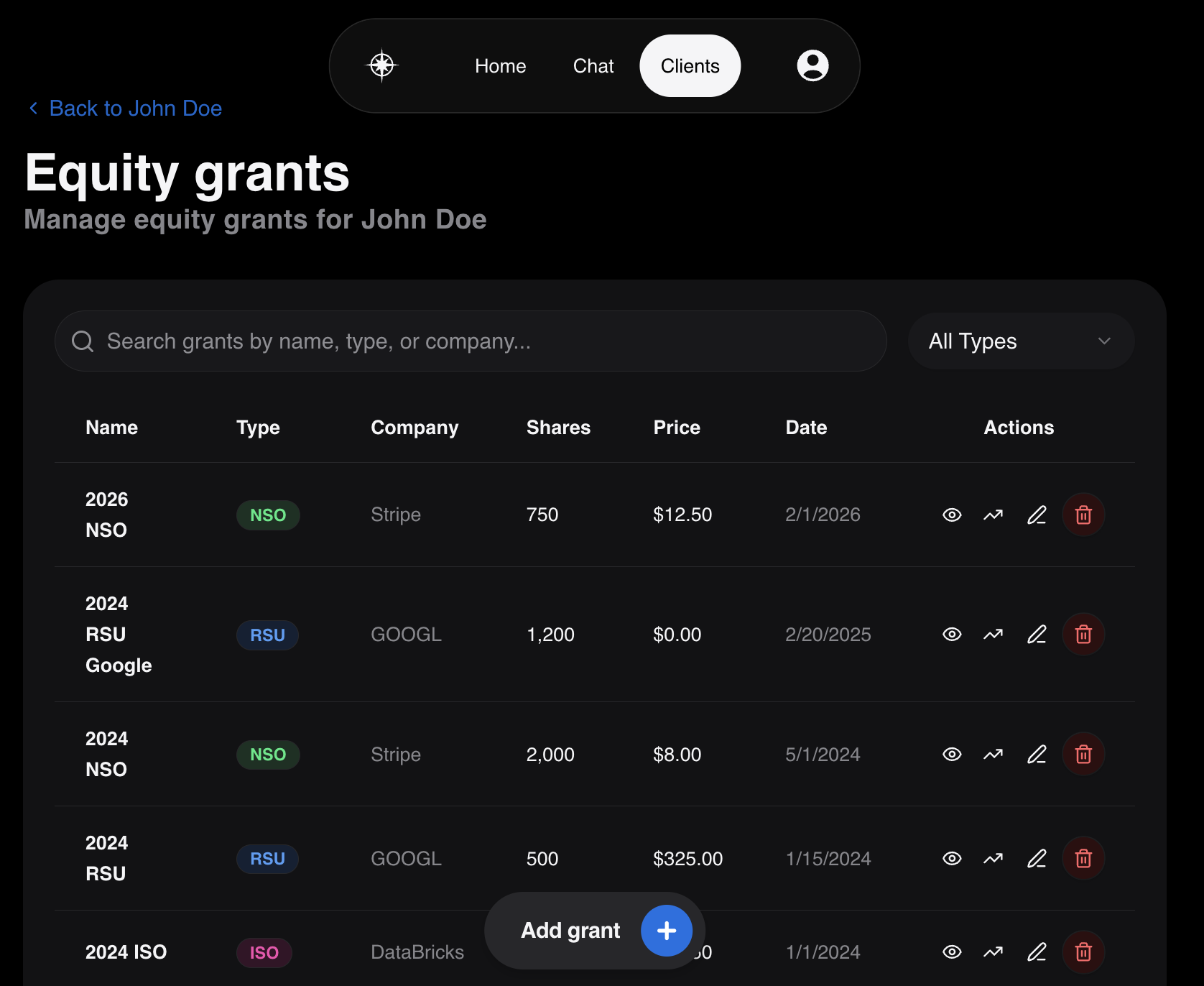 EquityNav equity grants management screen showing NSO, RSU, and ISO positions across Stripe, Google, and DataBricks