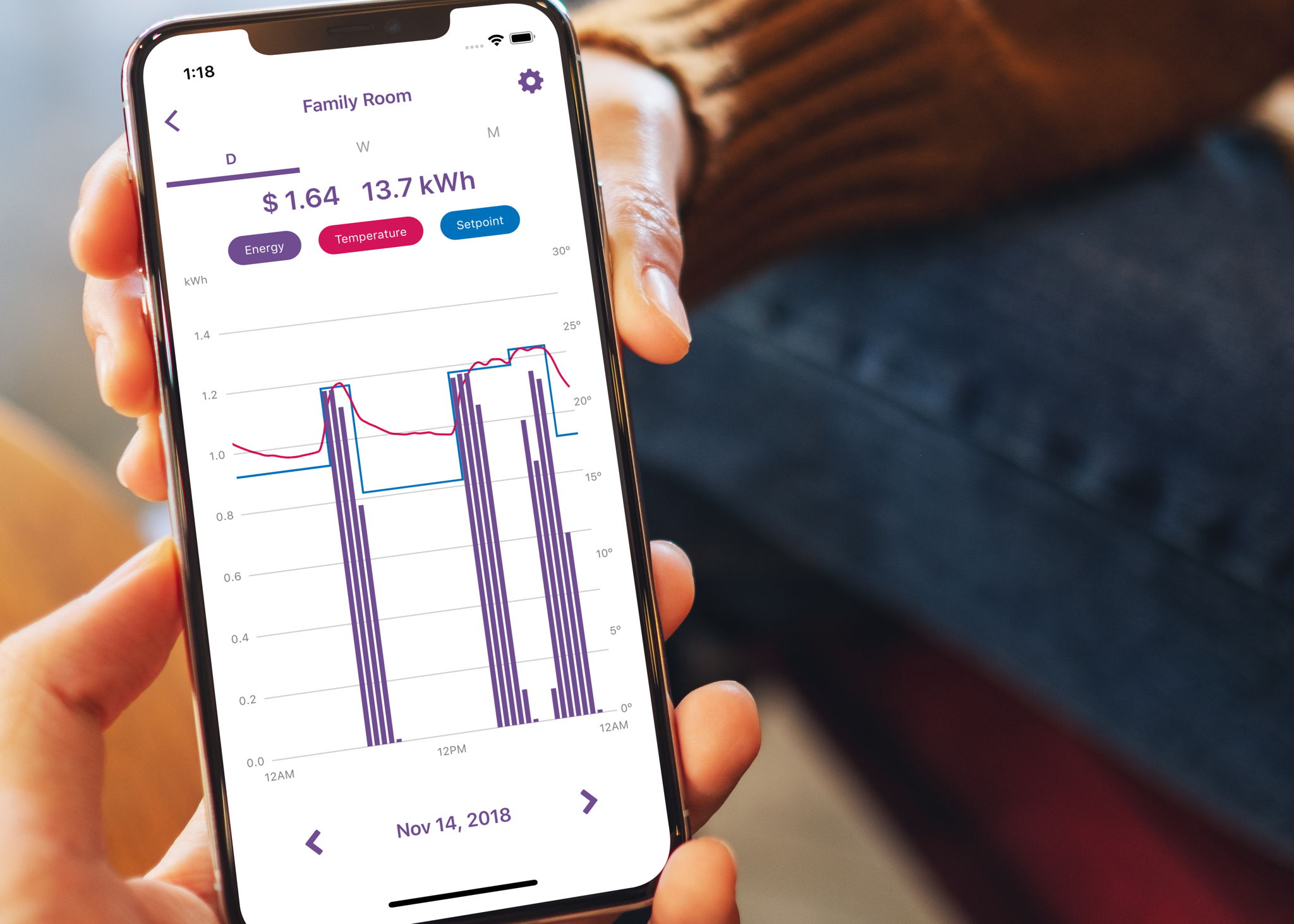 Mysa's Energy Charting app feature showing daily energy use