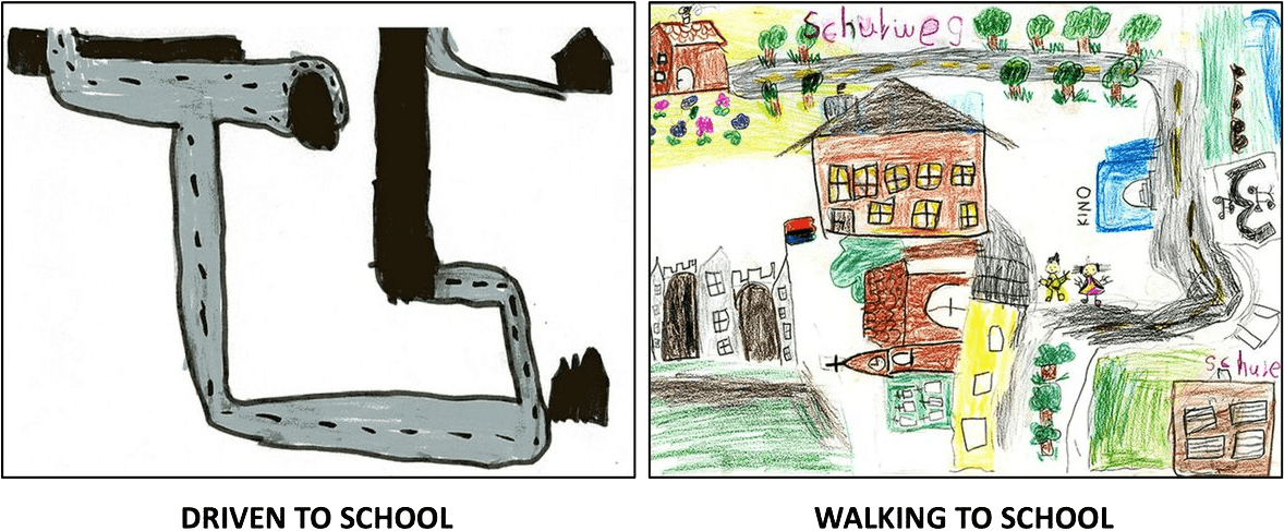 Two children's drawings of their school trip. The first drawing is by a child driven to school. The second drawing is by a child who walks to school.